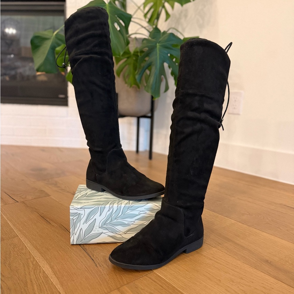 Slouchy Black Over the Knee Boots with Ties